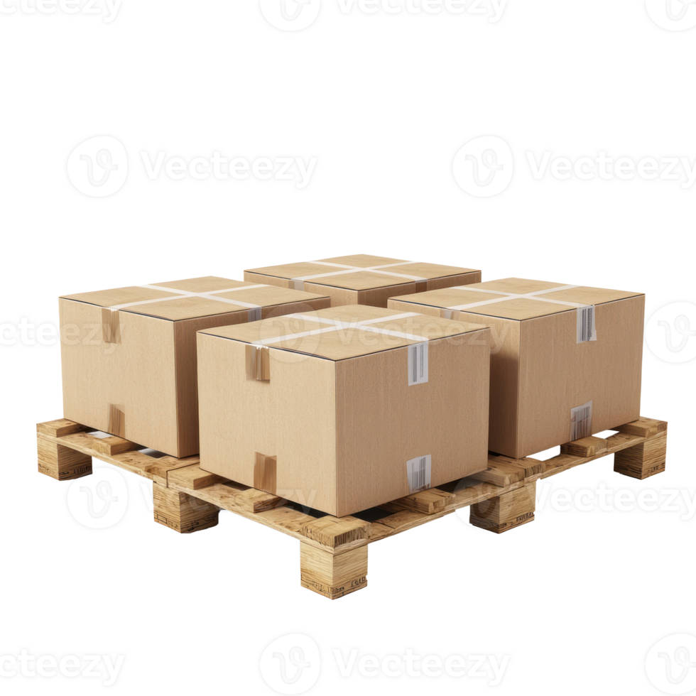 3D Wooden pallet with cardboard boxes front view isolate on transparency background png