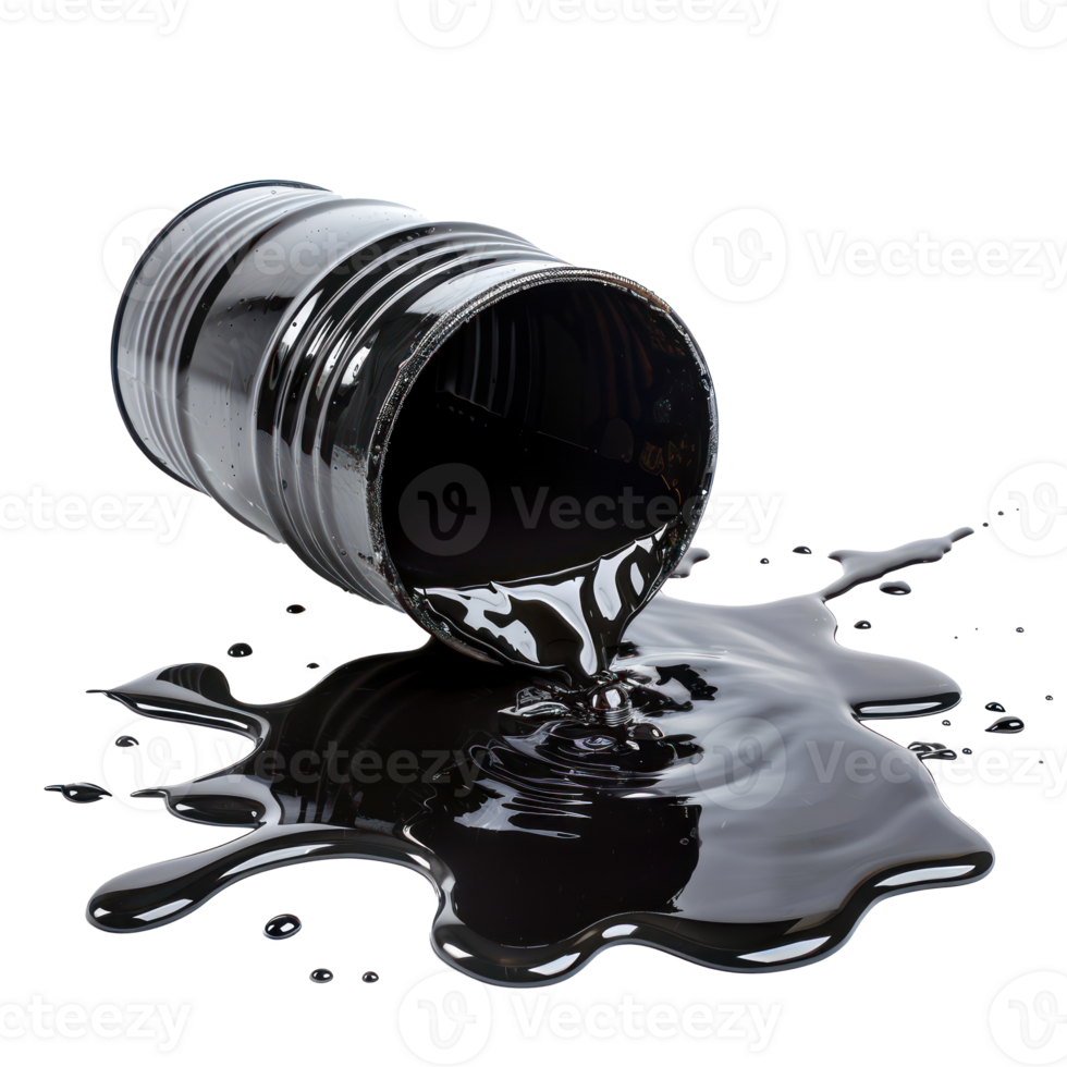 Black oil or petroleum spilled leaking from a black barrel, environmental pollution concept side view isolate on transparency background png
