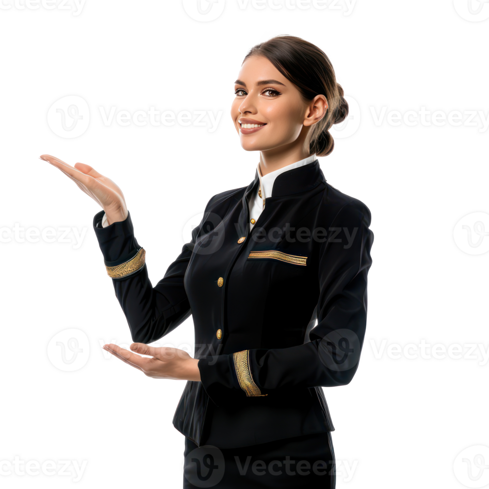Smiling air hostess woman holding empty hand presenting something side view isolate on transparency background png