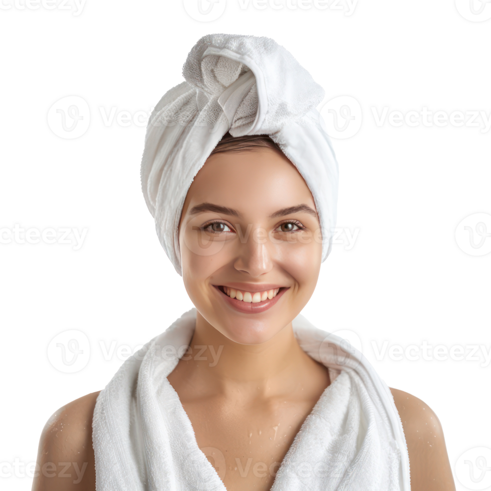 Smiling beautiful young woman in white towel after bath isolate on transparency background png