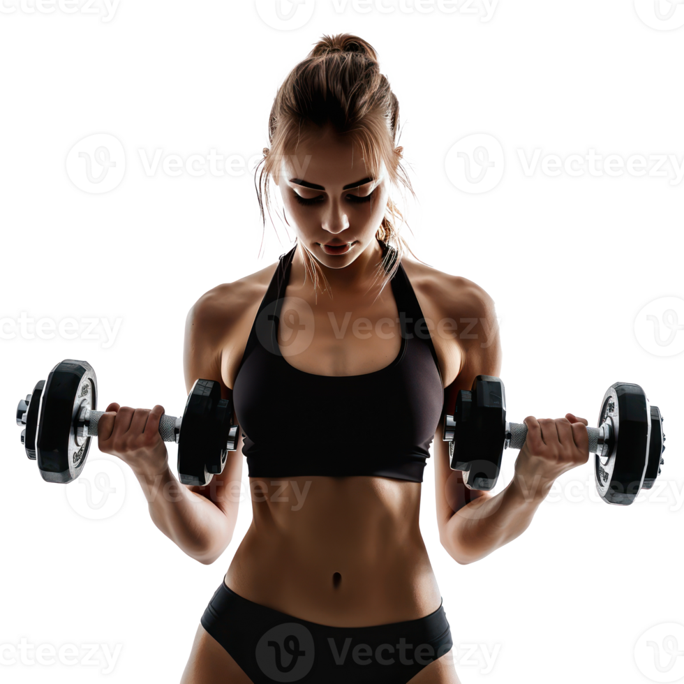 Woman working with dumbbells front view isolate on transparency background png