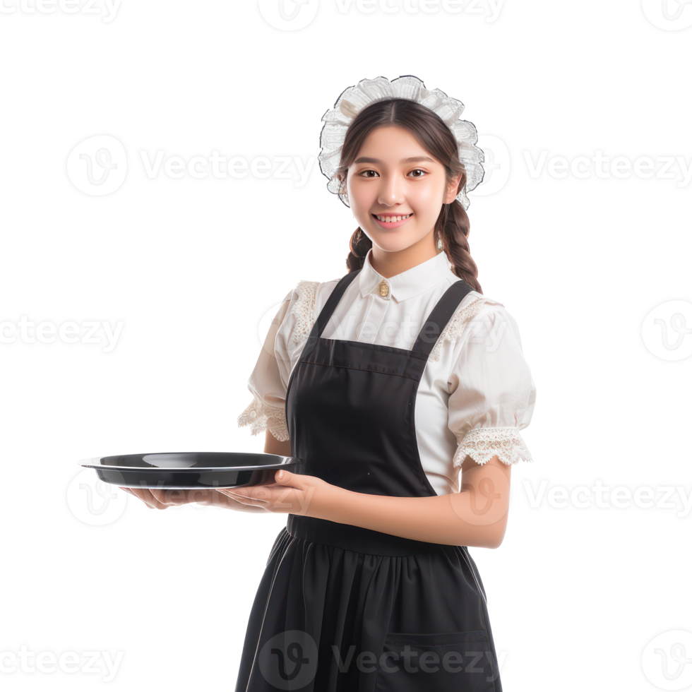 Smiling young attractive female in maid custome with hand holding tray isolate on transparency background png