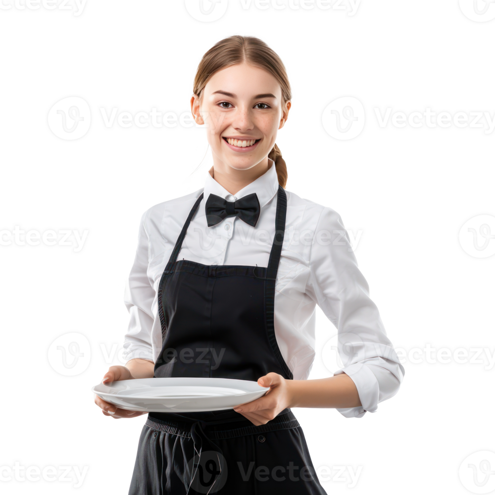 Smiling young waitress in uniform with trey in hand isolate on transparency background png
