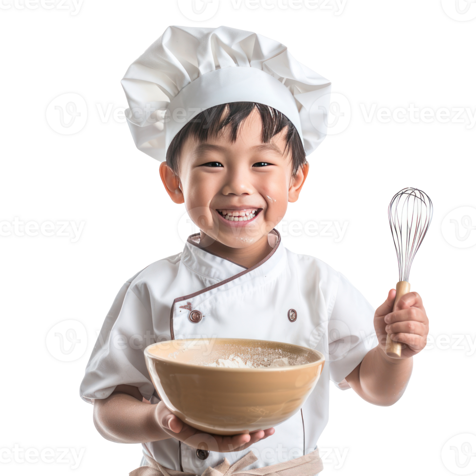 Smiling little boy wearing chef uniform holding a bowl and whisk front view isolate on transparency background png