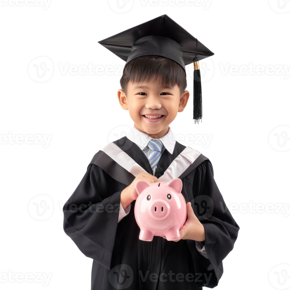 Smiling little boy wearing graduation gown uniform standing with hand holding piggy bank side view isolate on transparency background png