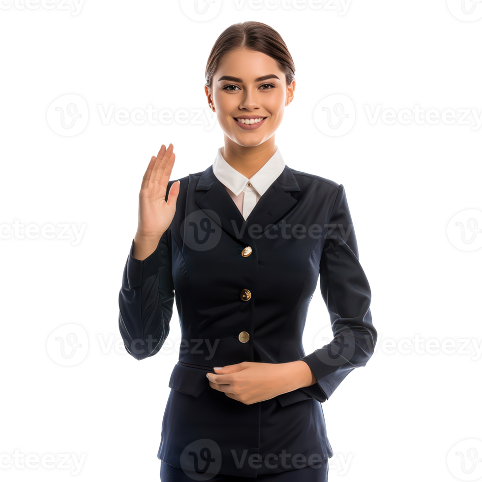 Smiling air hostess woman standing with hand greeting gesture front view isolate on transparency background png