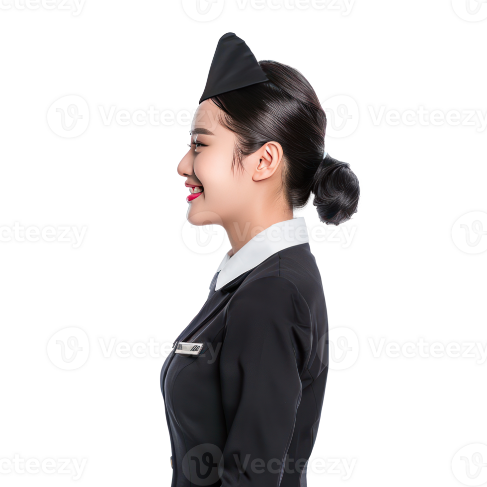 Friendly smile female flight attendant standing side view isolate on transparency background png
