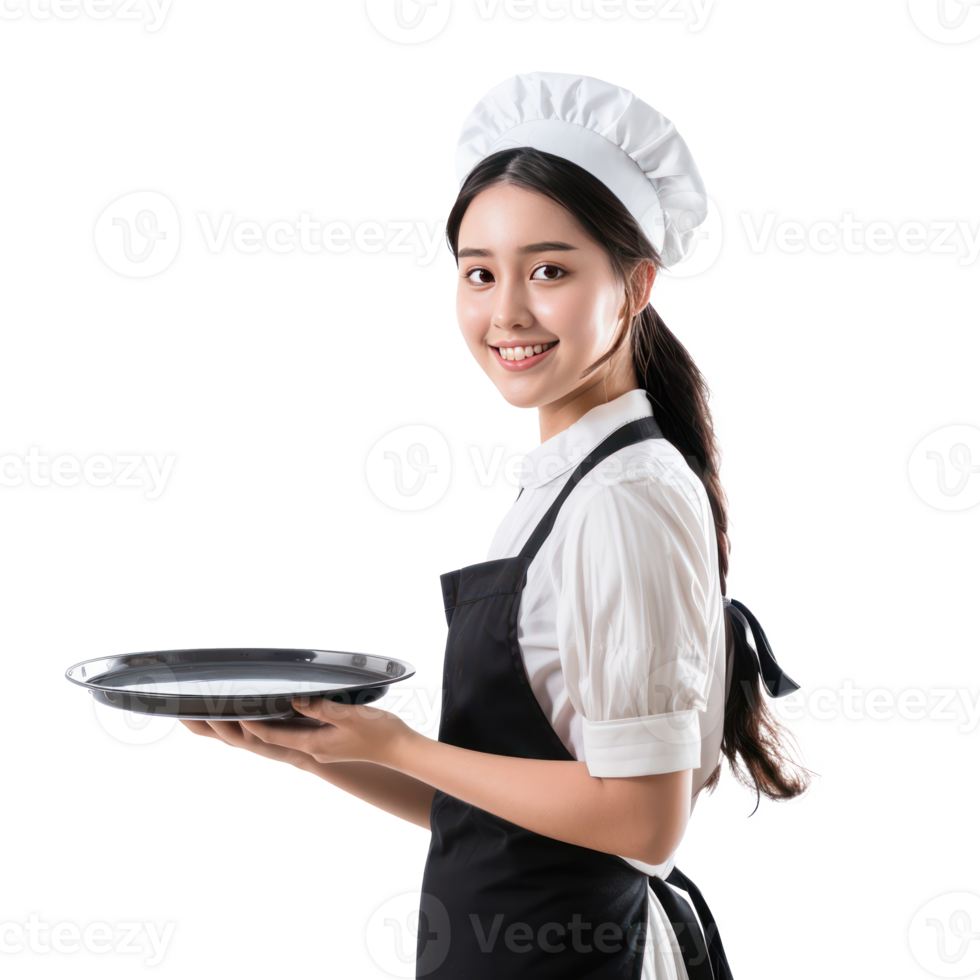 Smiling young attractive female in maid custome with hand holding empty tray side view isolate on transparency background png