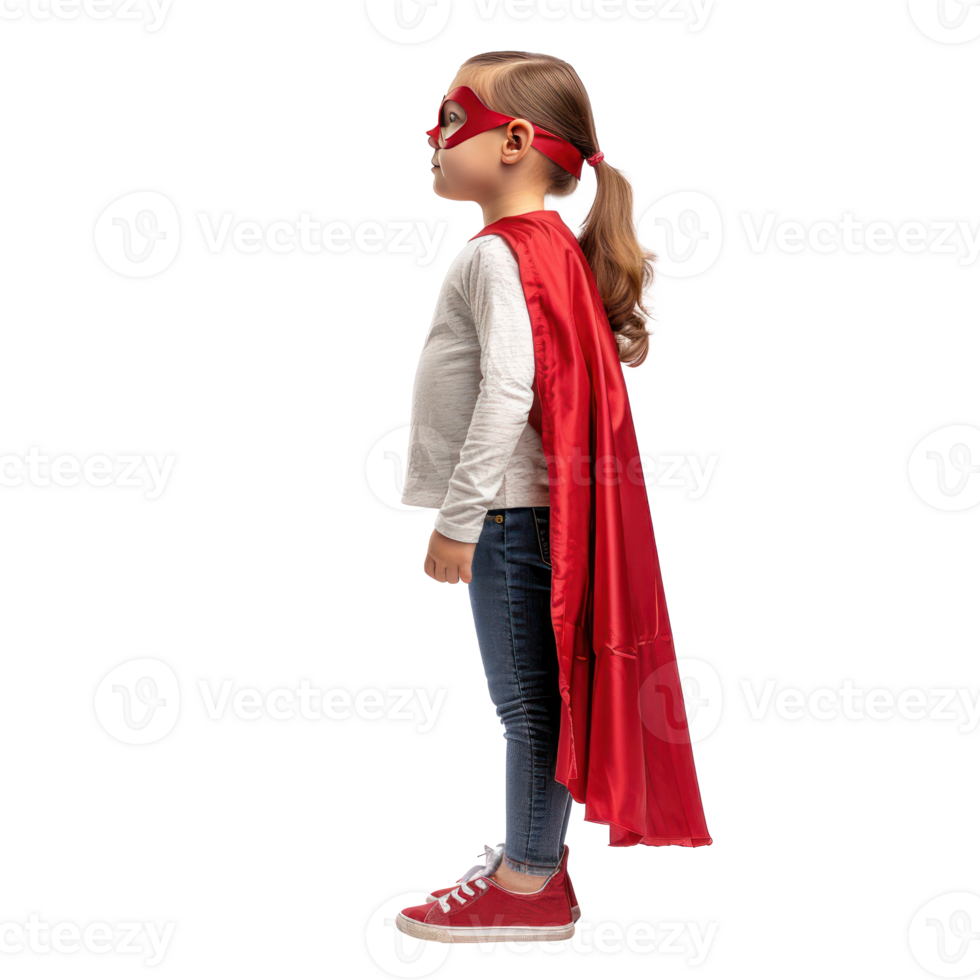 little girl wearing superhero red cape and mask side view isolate on transparency background png
