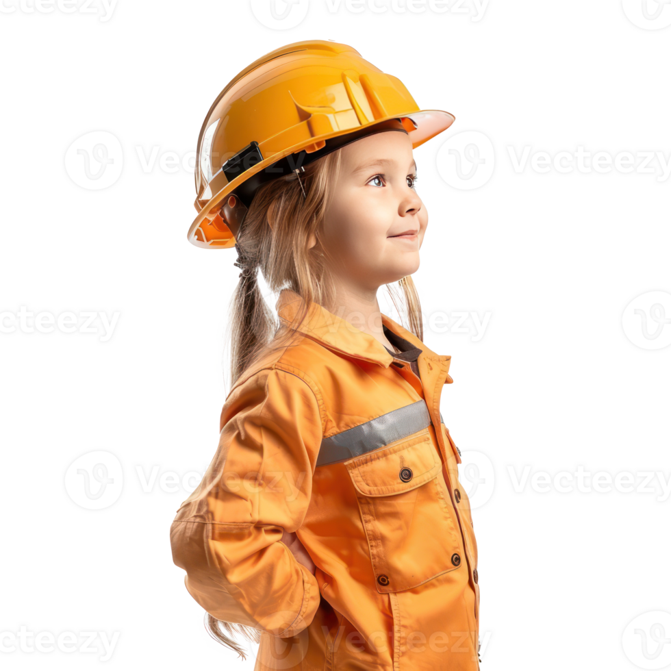 Smiling little girl wearing hard hat construction worker uniform standing side view isolate on transparency background png
