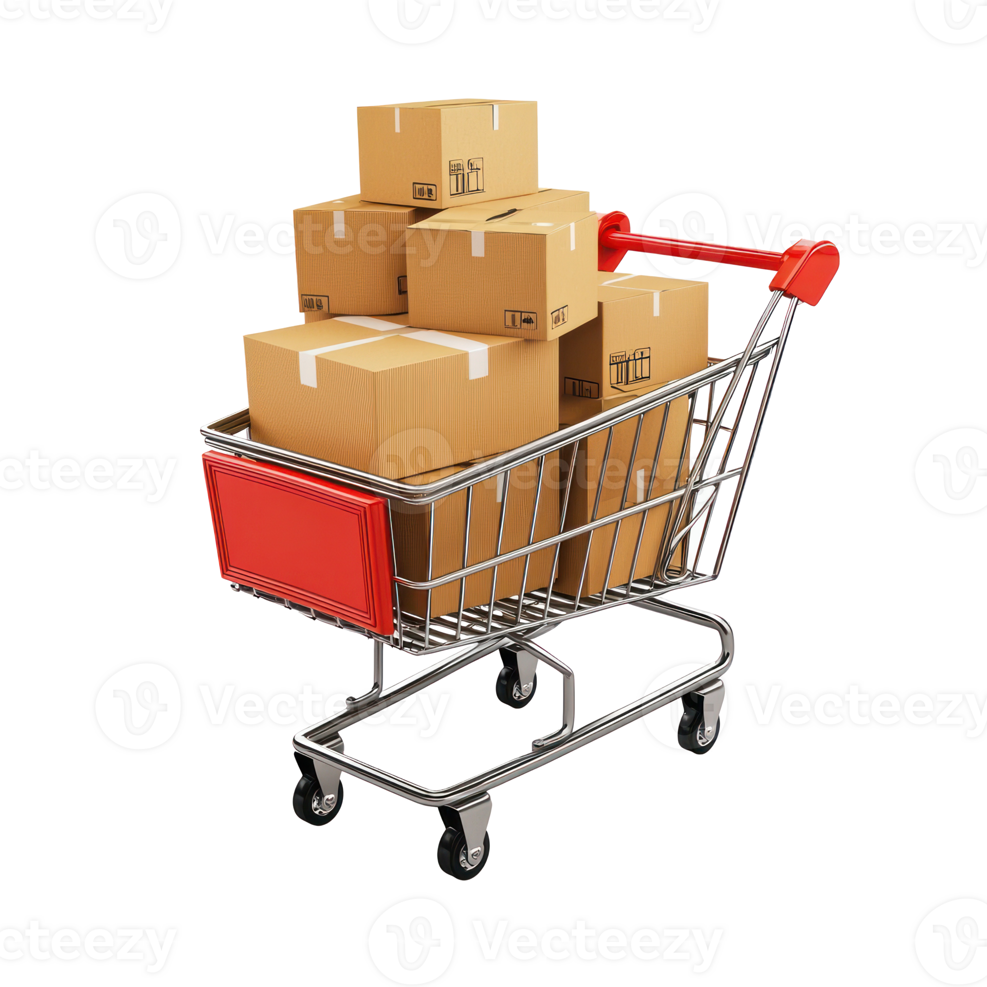 3D shopping cart with cardboard boxes isolate on transparency ...