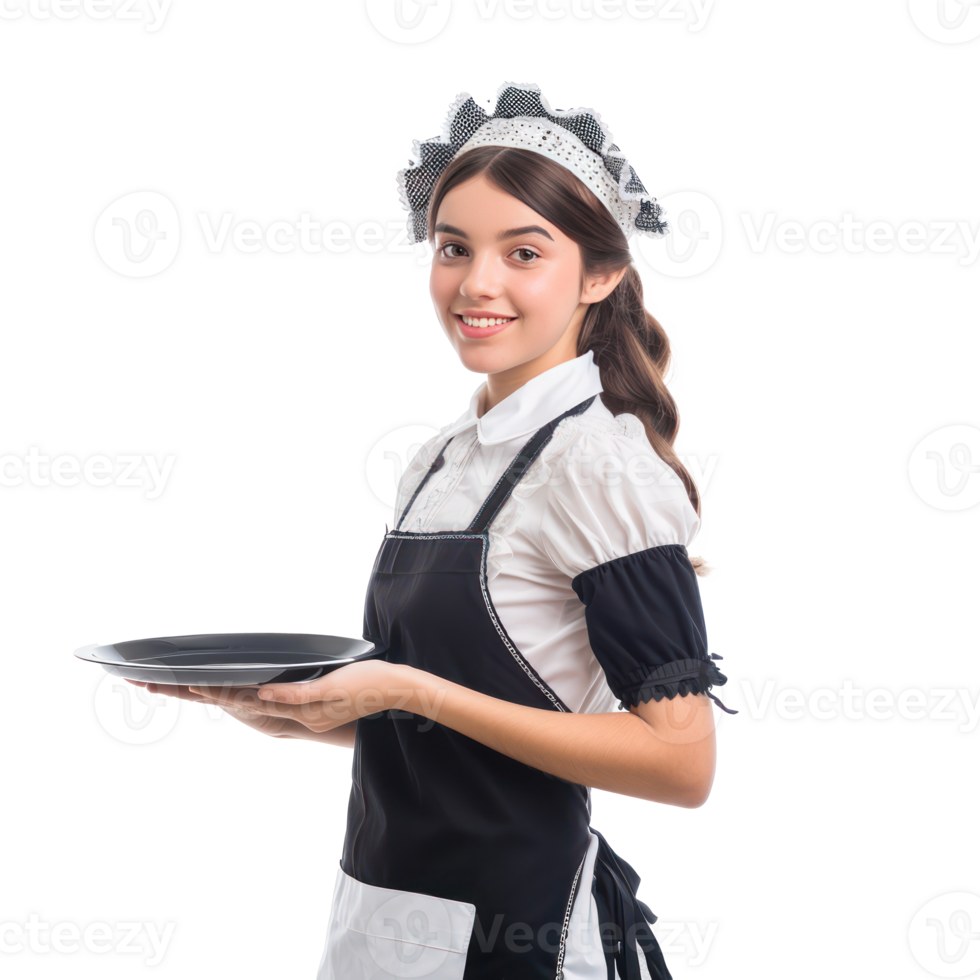 Smiling young attractive female in maid custome with hand holding tray side view isolate on transparency background png