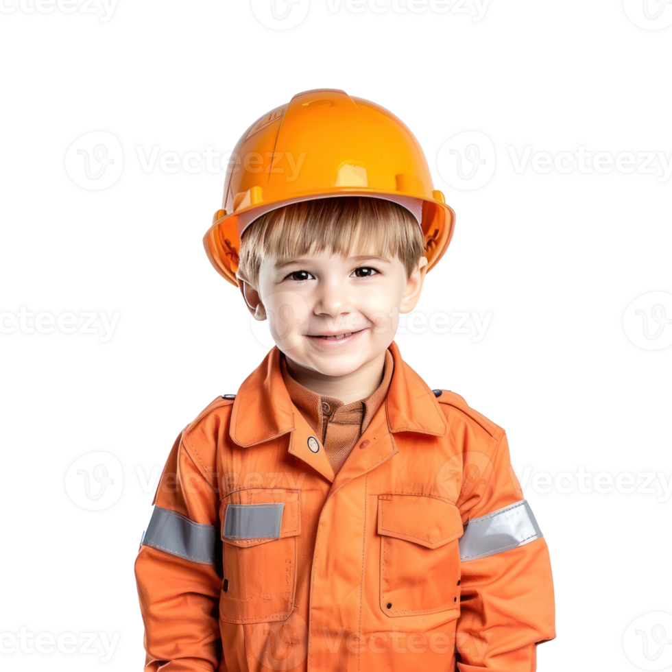 Smiling little boy wearing hard hat engineer uniform standing isolate on transparency background png