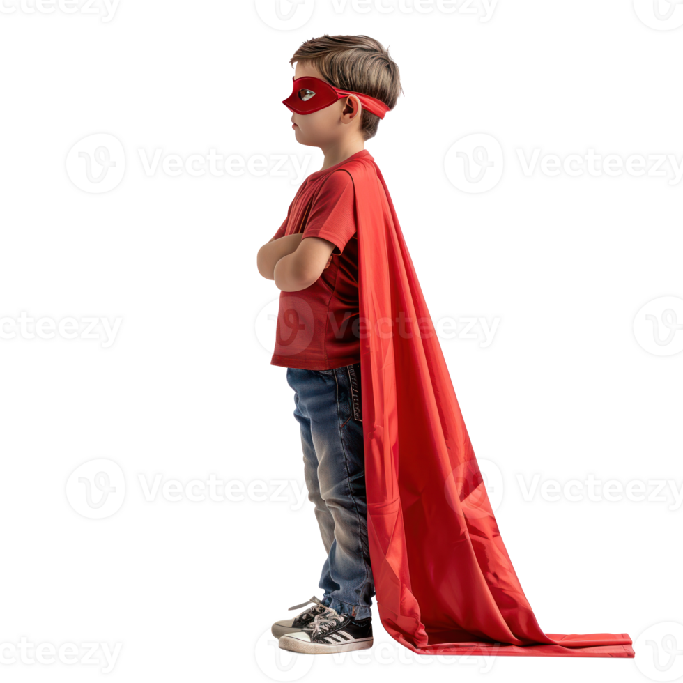 little boy wearing superhero red cape and mask side view isolate on transparency background png