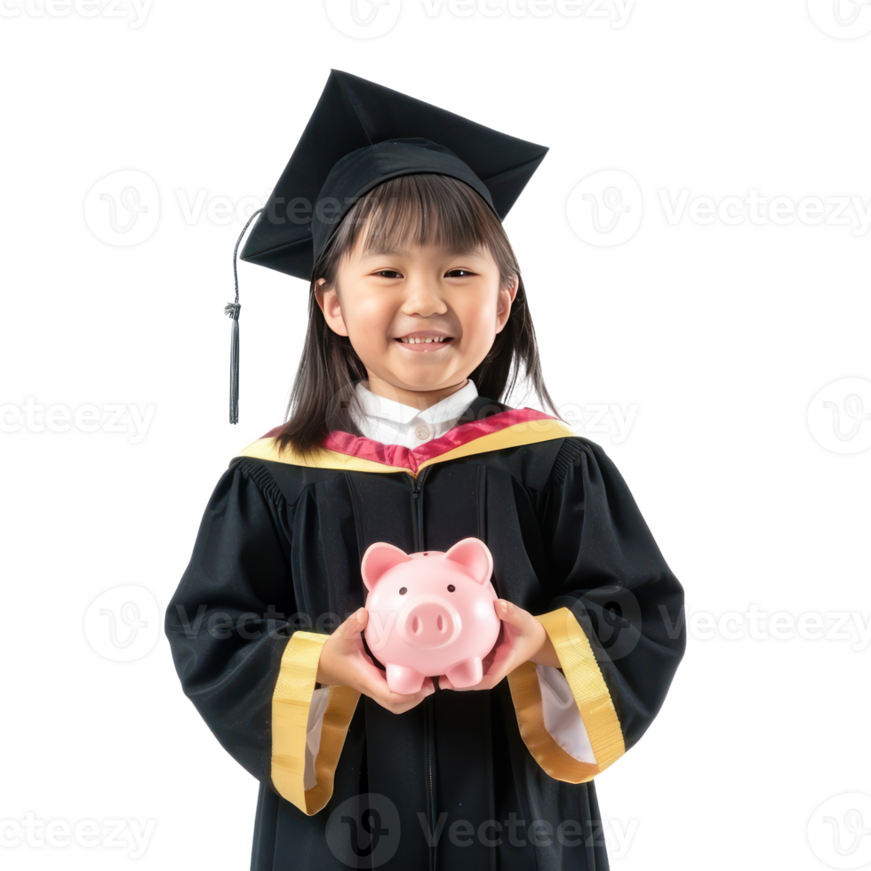 Smiling little girl wearing graduation gown uniform standing with hand holding piggy bank isolate on transparency background png