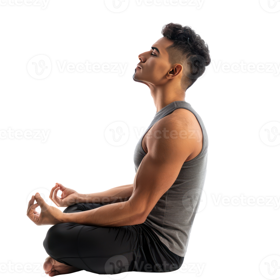 Young man practicing yoga with lotus pose side view isolate on transparency background png