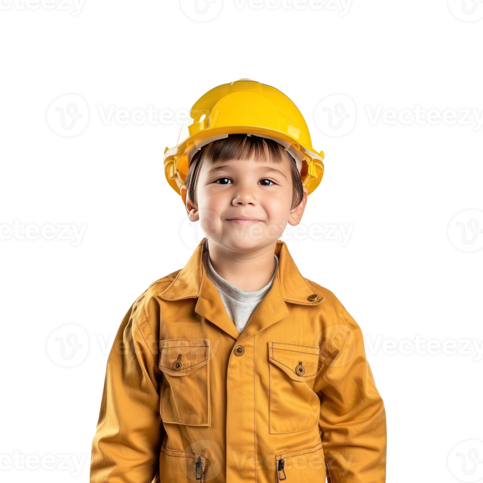 Smiling little boy wearing hard hat engineer uniform standing front view isolate on transparency background png