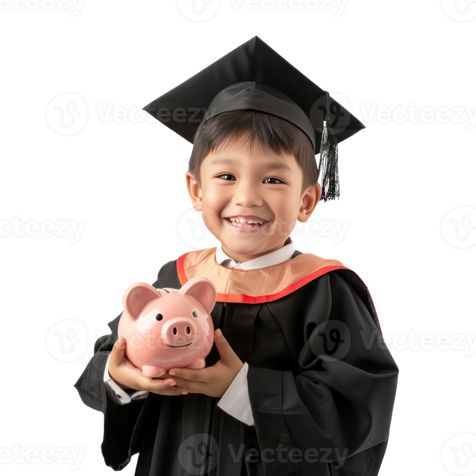 Smiling little boy wearing graduation gown uniform standing with hand holding piggy bank side view isolate on transparency background png