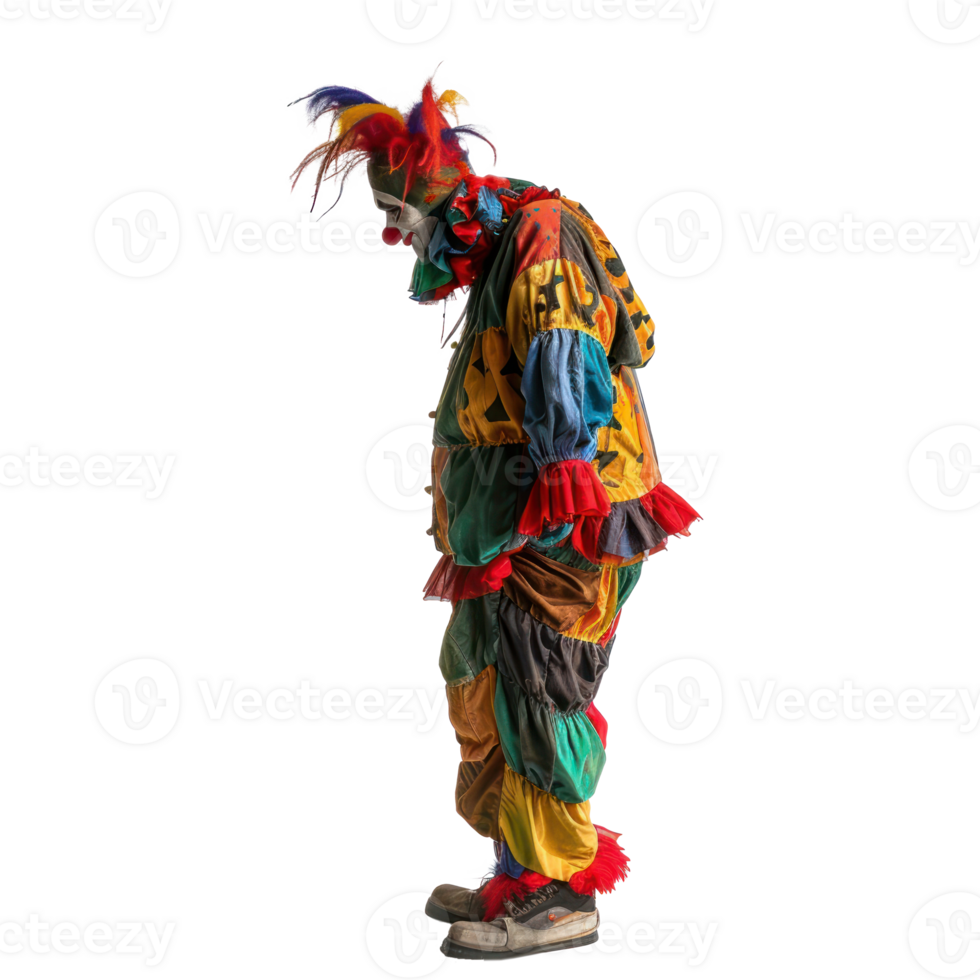Scary person in clown costume standing side view isolate on transparency background png