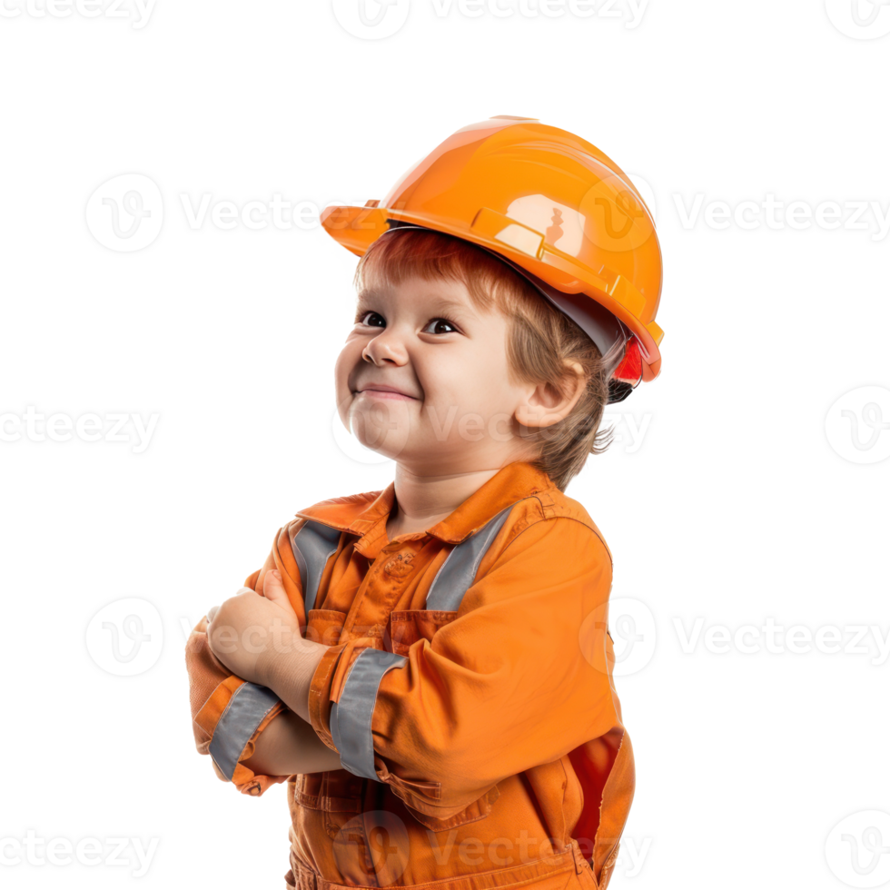 Smiling little boy wearing hard hat engineer uniform standing side view isolate on transparency background png