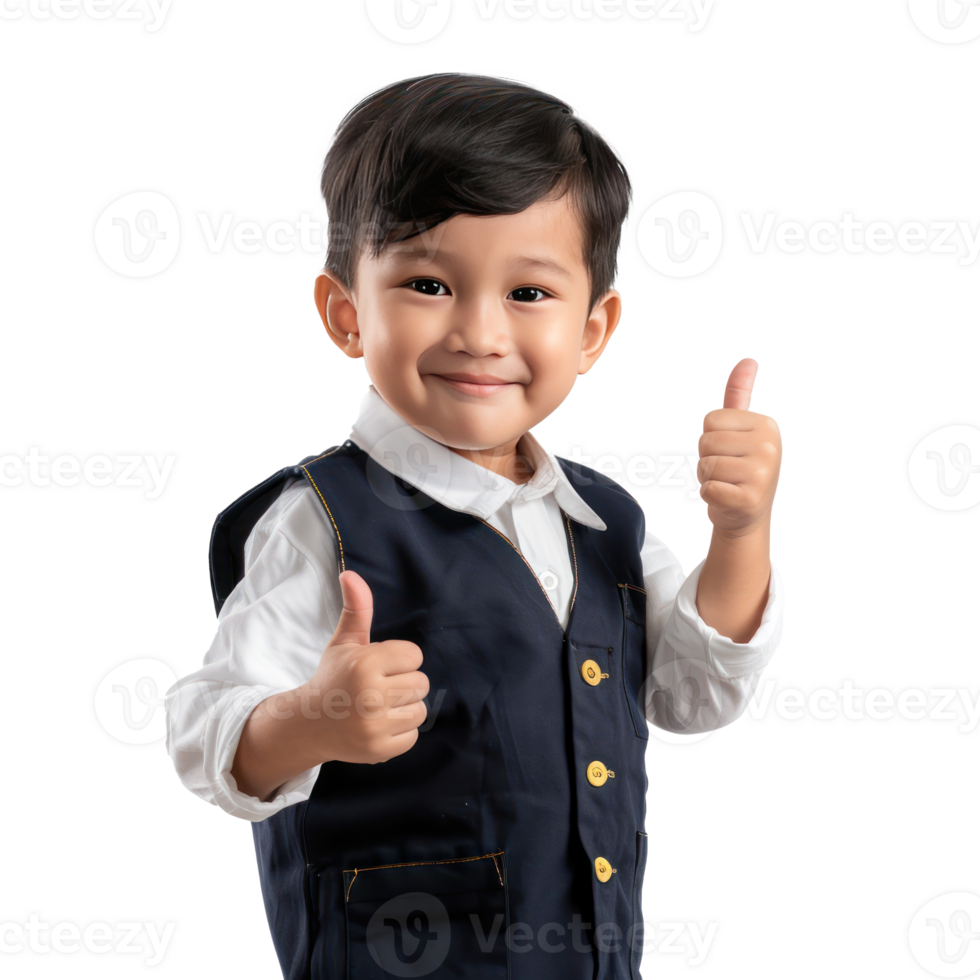Smiling little boy wearing layer uniform standing with hand gesture giving thumb up side view isolate on transparency background png