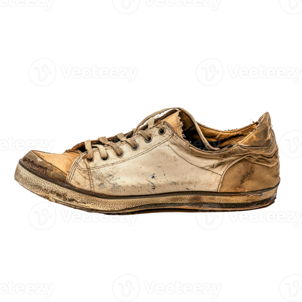 Old vintage damaged sport shoes side view isolate on transparency background png
