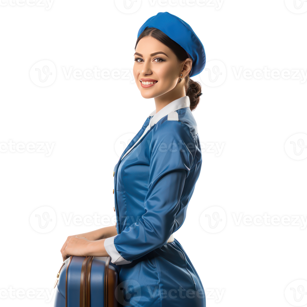 Smiling female flight attendant standing with travel suitcase side view isolate on transparency background png