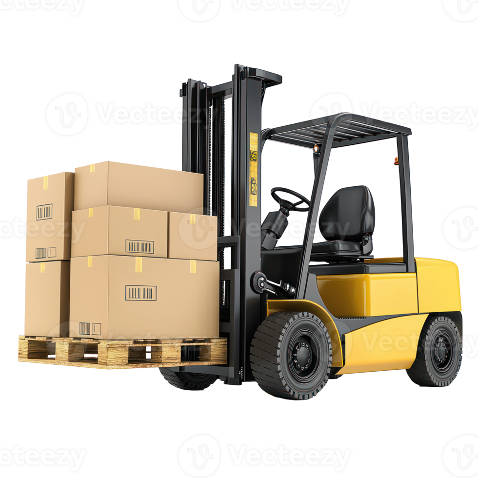 3D Forklift truck with boxes on pallet front view isolate on transparency background png