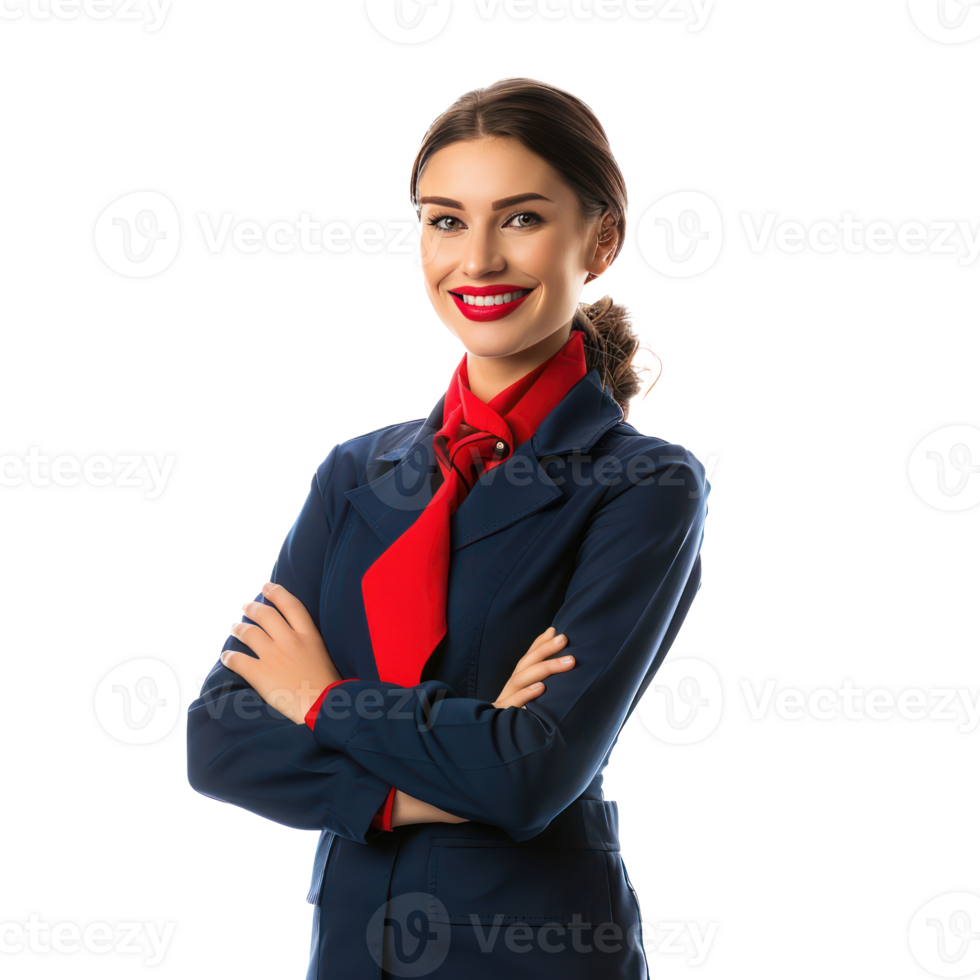 Smiling female flight attendant standing isolate on transparency background png