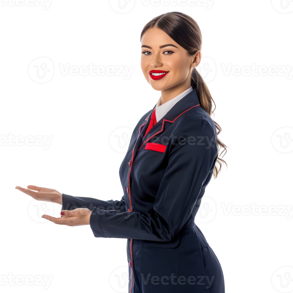Smiling air hostess woman holding empty hand presenting something side view isolate on transparency background png