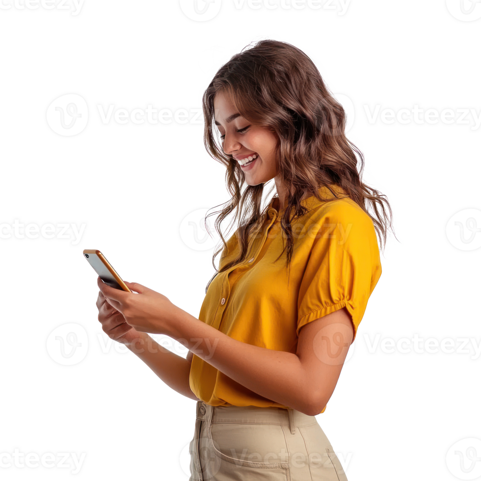 Attractive young woman Excited looking at her mobile phone, standing side view isolate on transparency background png