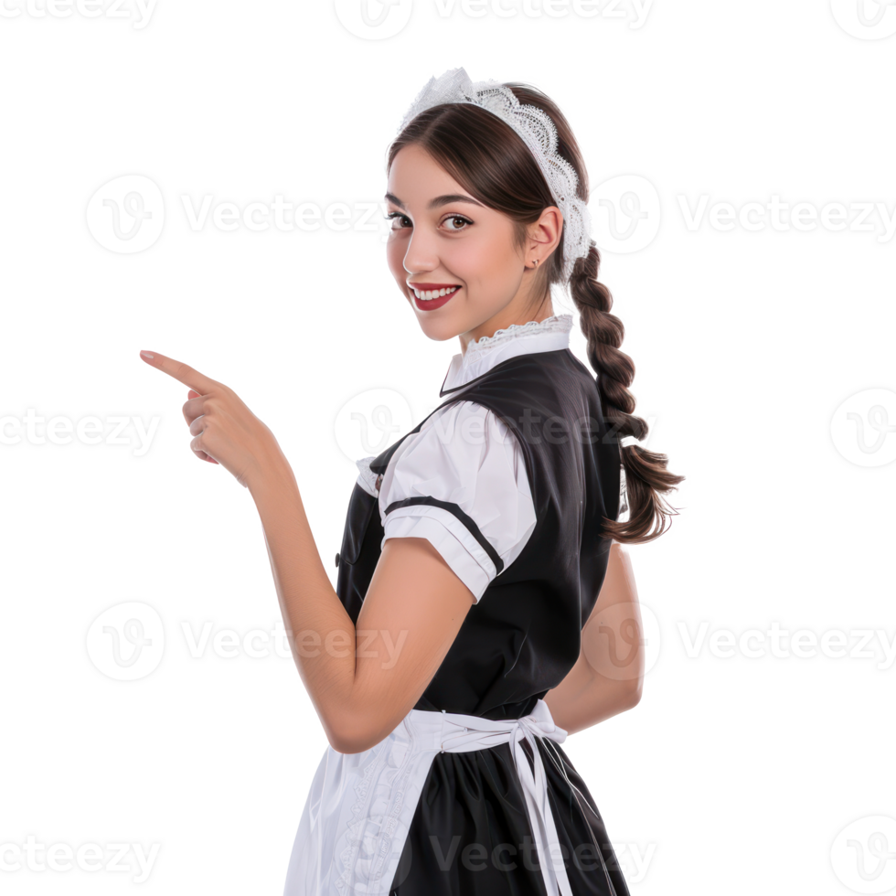 Smiling young attractive female in maid custome with hand gesture pointing something side view isolate on transparency background png