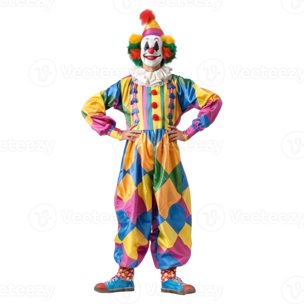 Smiling person in clown costume standing front view isolate on transparency background png