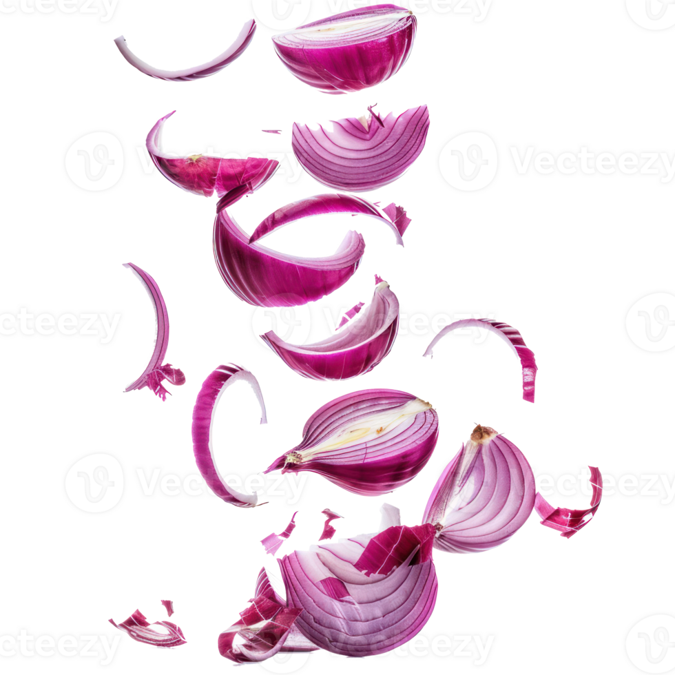 Falling Sliced red onion isolate on transparency background png