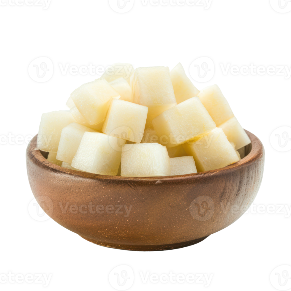 Cubes of Jicama in a bowl front view isolate on transparency background png