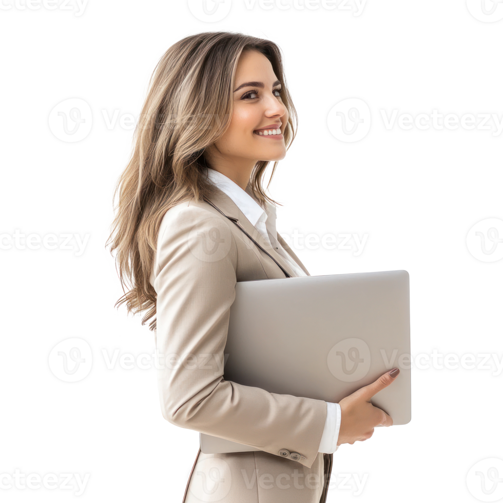 Happy businesswoman holding laptop looking away with smiling and confident side view isolate on transparency background png