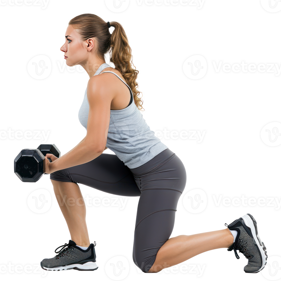 Woman crouching with dumbbells in workout pose side view isolate on transparency background png
