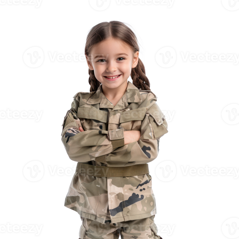 sorridente pequeno menina vestindo soldado uniforme em pé frente Visão isolar em transparência fundo png
