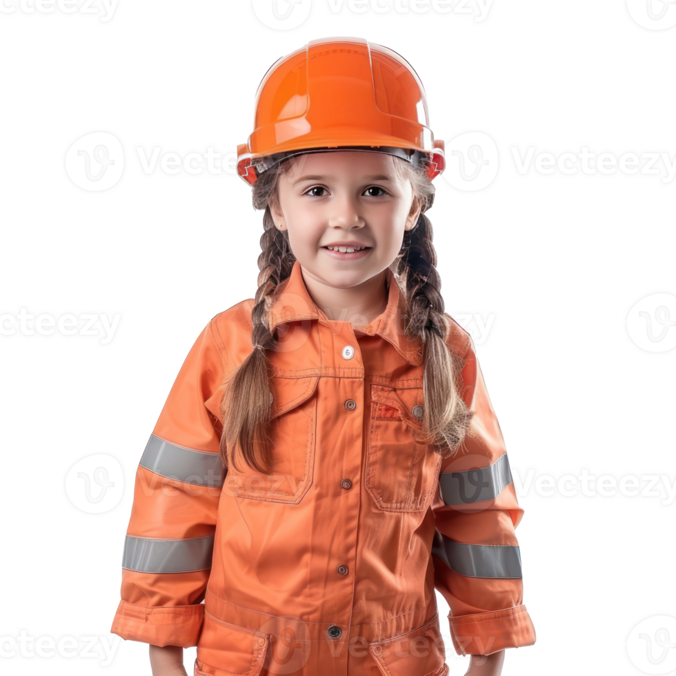Smiling little girl wearing hard hat construction worker uniform standing front view isolate on transparency background png