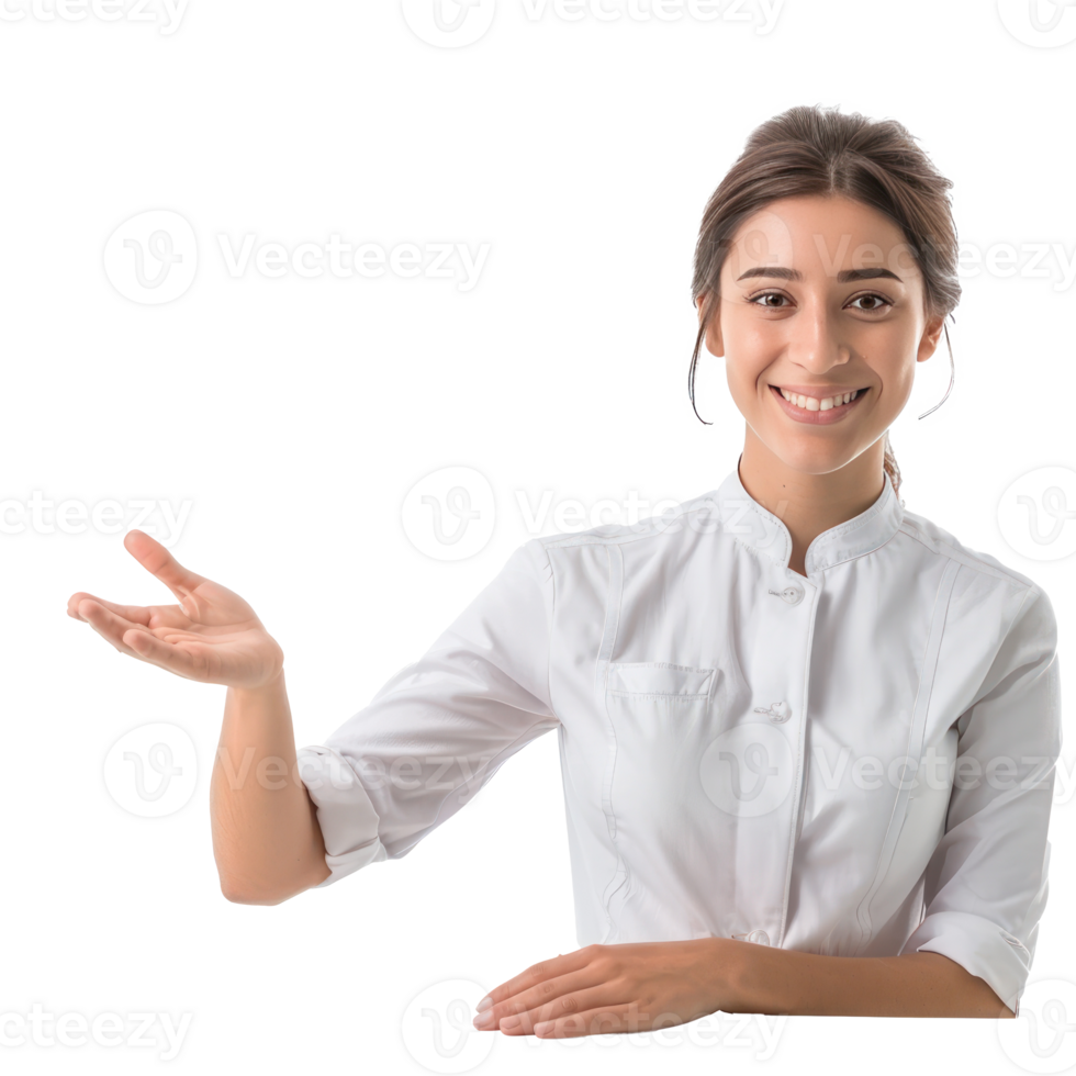 Smiling female receptionist welcome front view isolate on transparency background png