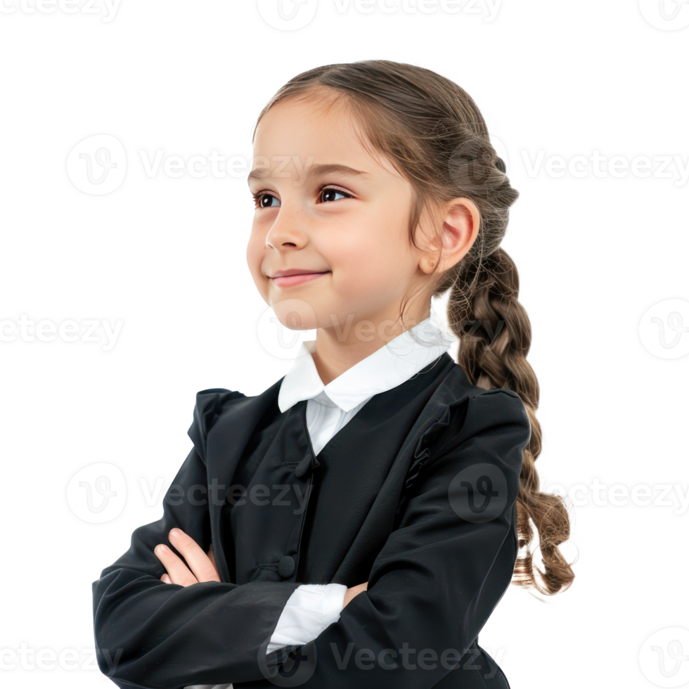 Smiling little girl wearing lawyer uniform standing side view isolate on transparency background png