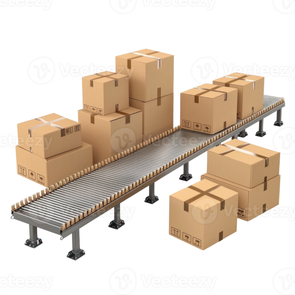 3D Cardboard Boxes and conveyor belt side view isolate on transparency background png