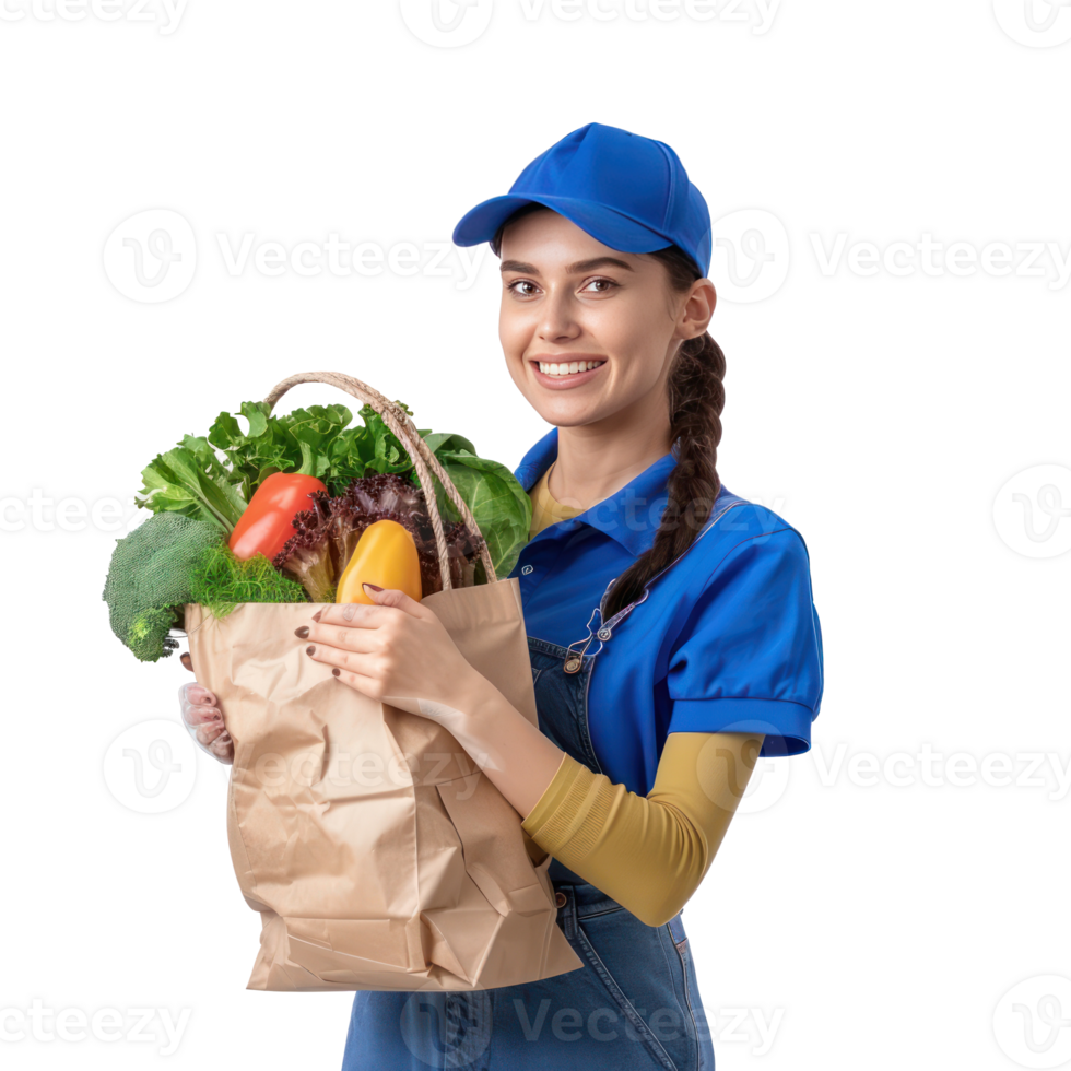 Smiling delivery woman with blue uniform holding a shopping bag full of vegetable front view isolate on transparency background png