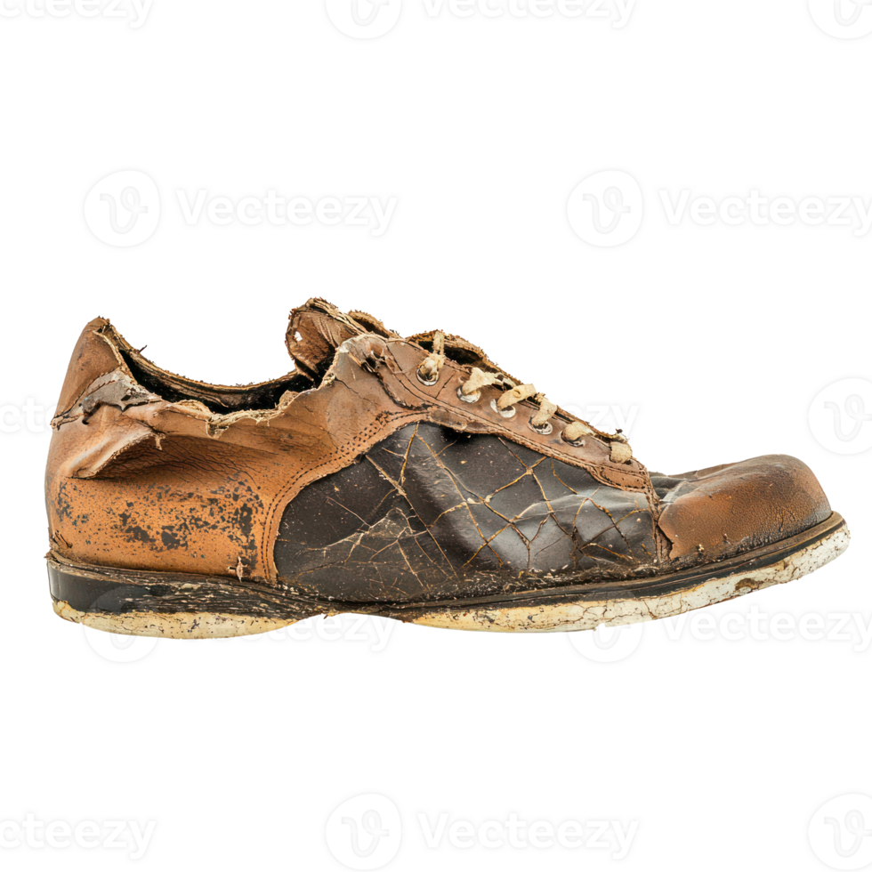 Old vintage damaged sport shoes side view isolate on transparency background png