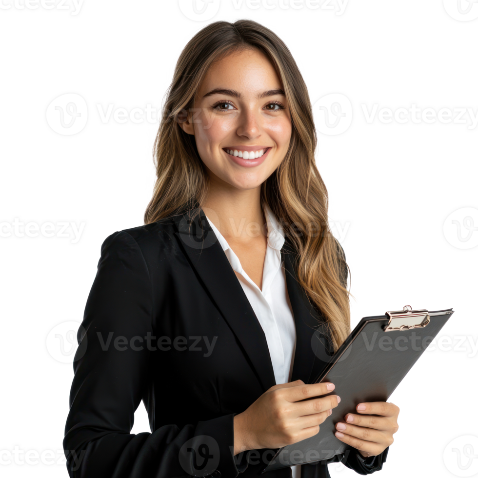 An attractive young businesswoman auditor writing on clipboard smiling and confident front view isolate on transparency background png