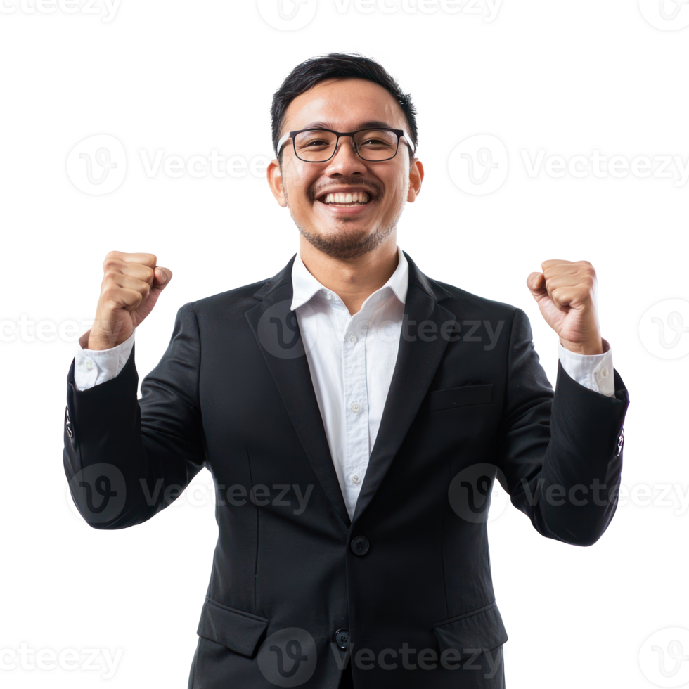 Businessman with clenching fists gesture and celebrating success isolate on transparency background png