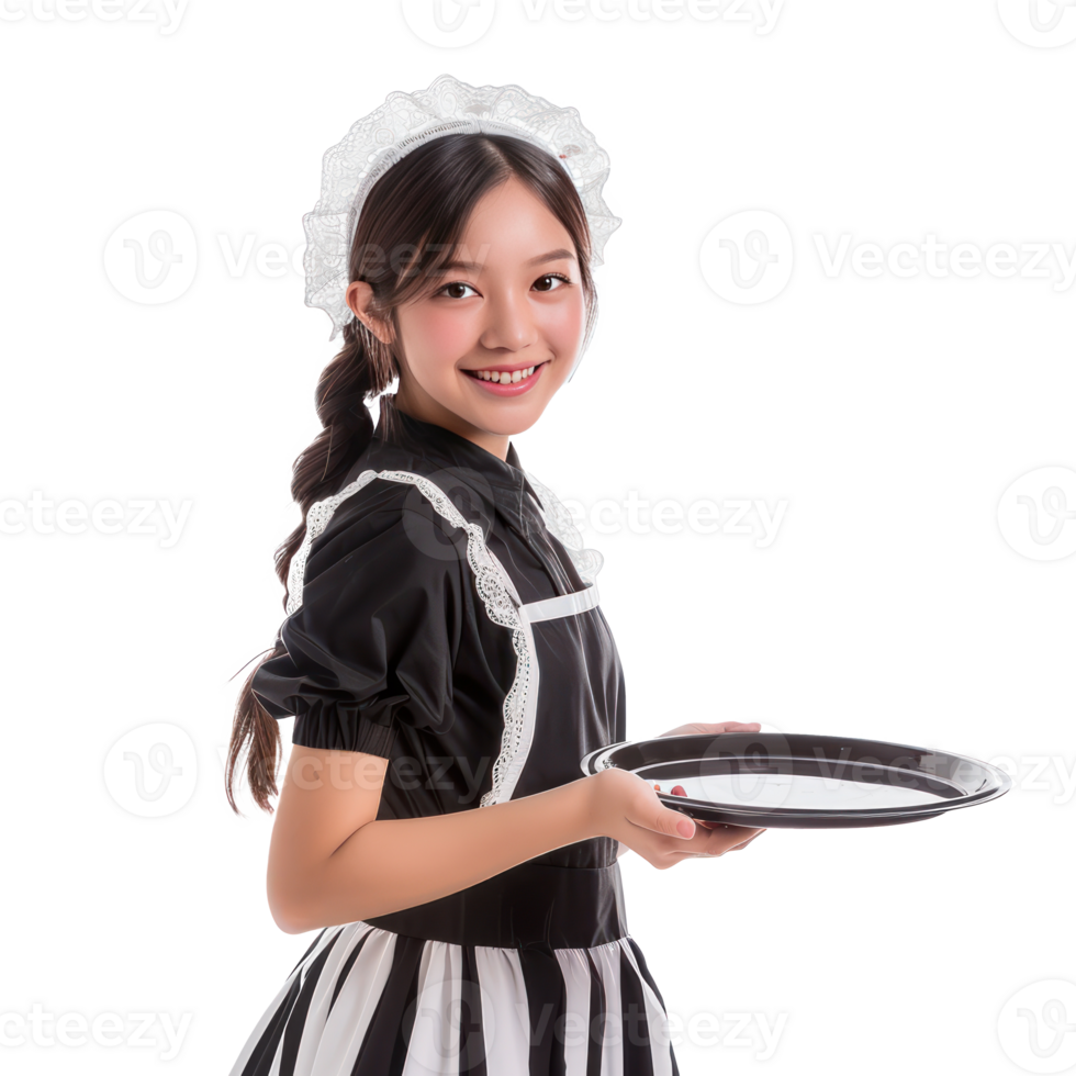 Smiling young attractive female in maid custome with hand holding tray isolate on transparency background png