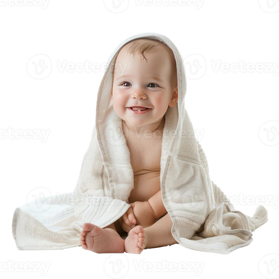 Smiling cute baby sitting wrap in towel after bathing front view isolate on transparency background png