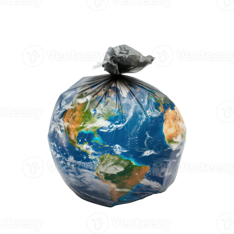 earth globe in a plastic trash bag isolate on transparency background png