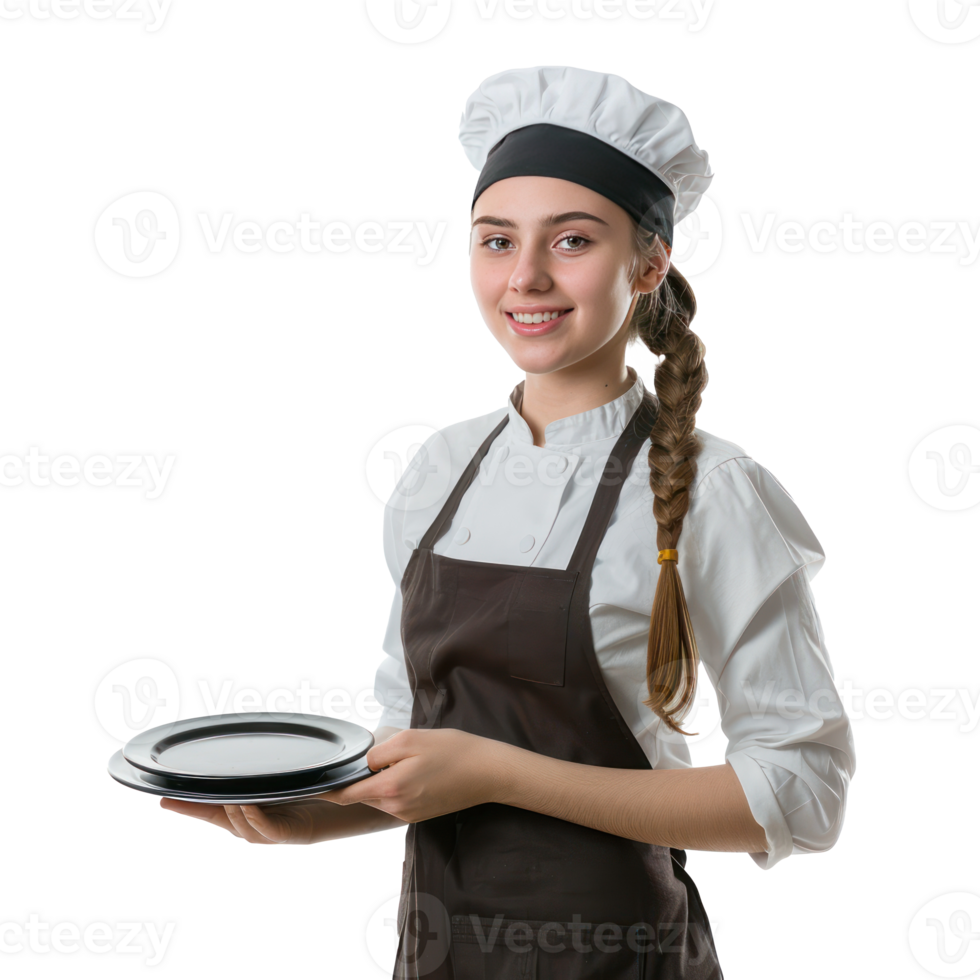 Smiling young waitress in uniform with trey in hand isolate on transparency background png